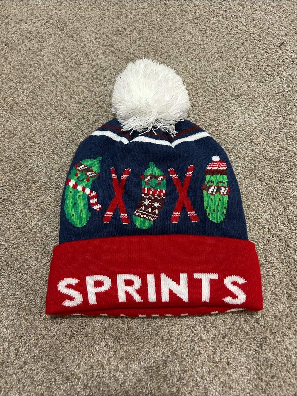 Sprints Brand Navy & Red Holiday Pom Beanie with Pickle Knit